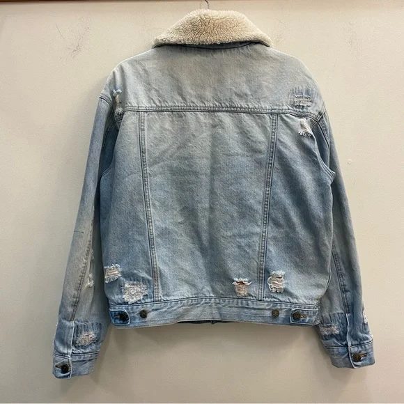 SOLD!!! Free People Denim Plaid Flannel Lined Jacket with Sherpa Collar Fan Fav - Picture 5 of 7